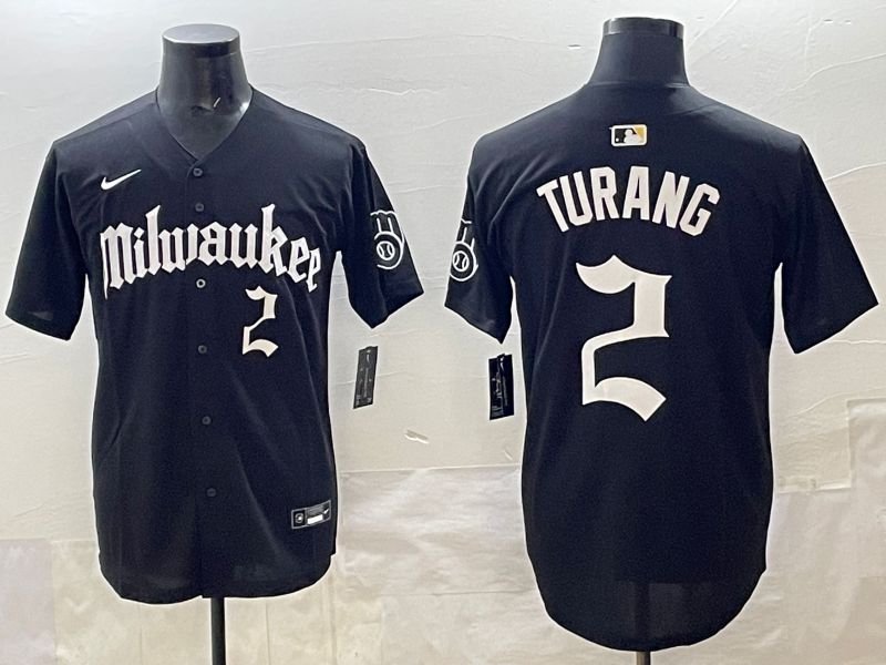 Men 2025 Milwaukee Brewers #2 Turang Black Five generations Joint Name Nike MLB Jersey style 10
